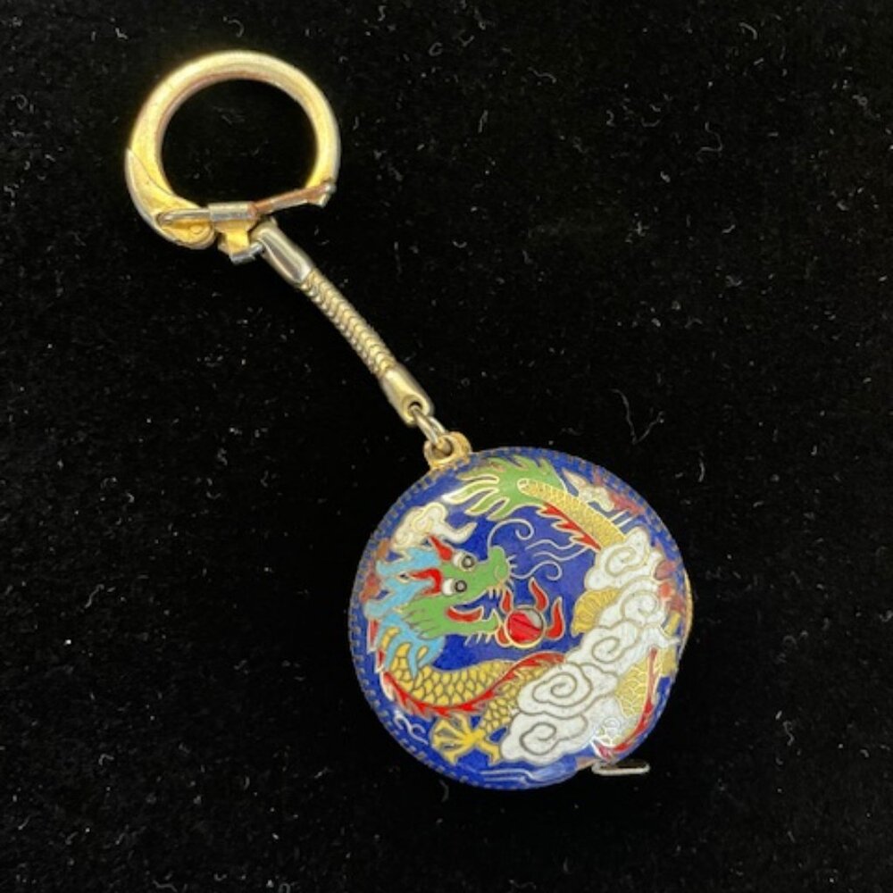 Vintage Cloisonne Chinese Dragon Pattern Key Chain with Tape Measure